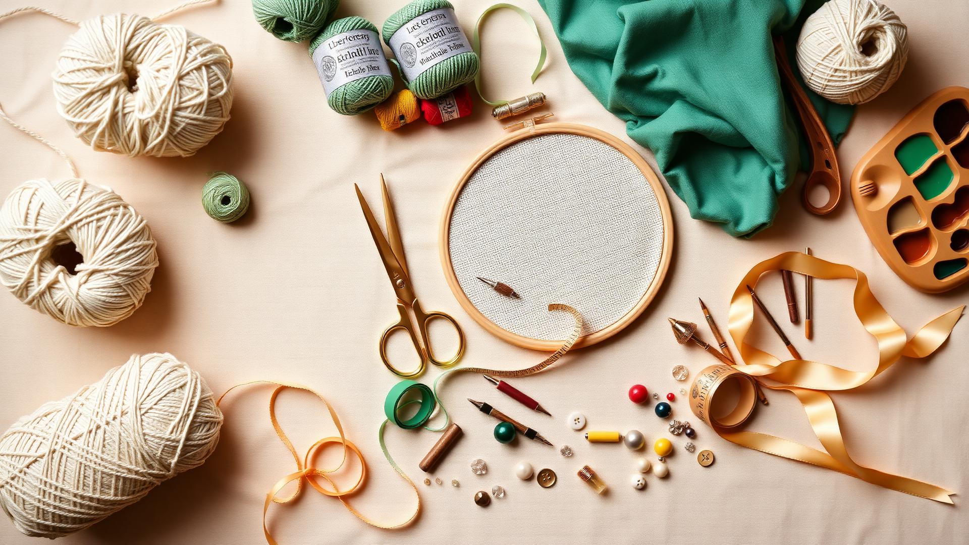 A complete collection of crafting supplies — yarns, threads, fabrics, ribbons, brushes and tools